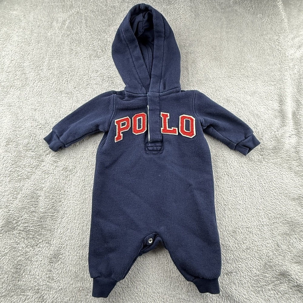 Ralph Lauren Sweatshirt Romper Baby Boys 3 Months Blue Red Polo Spell Out Preppy